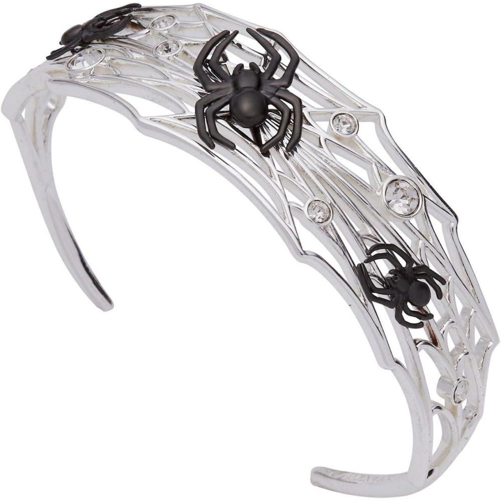 imageAlex and Ani Silver Cuff Bracelet  Spider Web Design with Black Spiders Glows in the Dark Crystal Accents Spooky Halloween Jewelry NickelFree