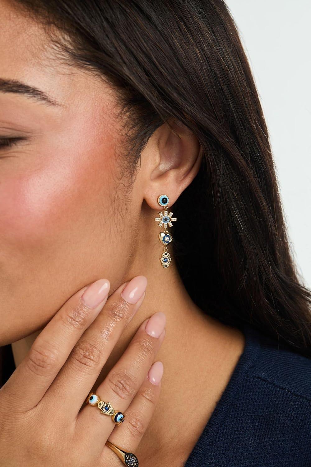 imageAlex and Ani GoldPlated Evil Eye Earring Crystal Pav amp Baguette Stones Charm Hamsa amp Heart Symbolizes Protection amp Strength Ideal Evil Eye Jewelry for WomenLinear Earrings