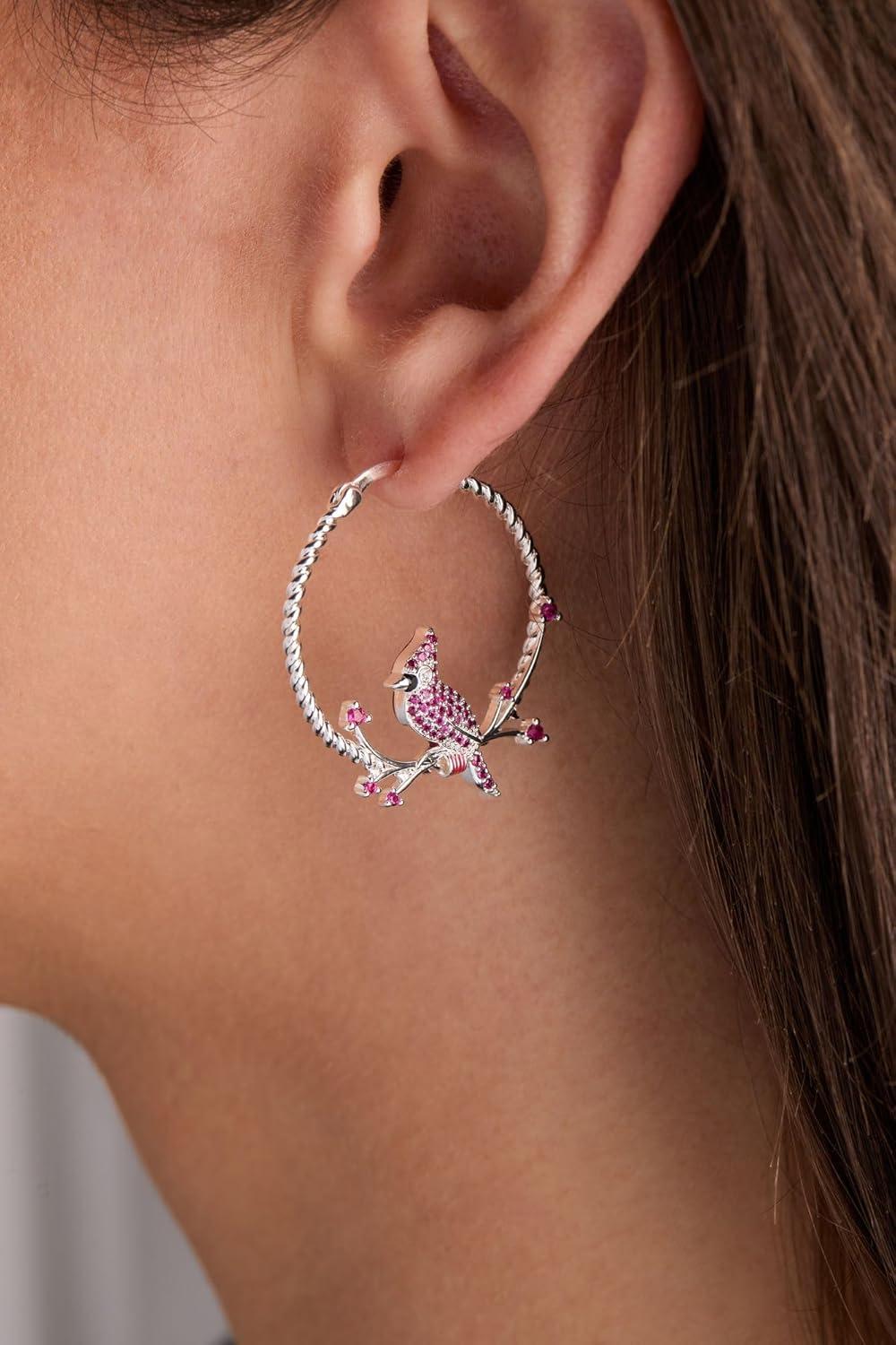 imageAlex and Ani Cardinal Earrings for Women Reversible Design with Ruby Crystal Enamel Charms in Braided Hoops Versatile Cardinal JewelryCardinal Hoop Shiny Silver