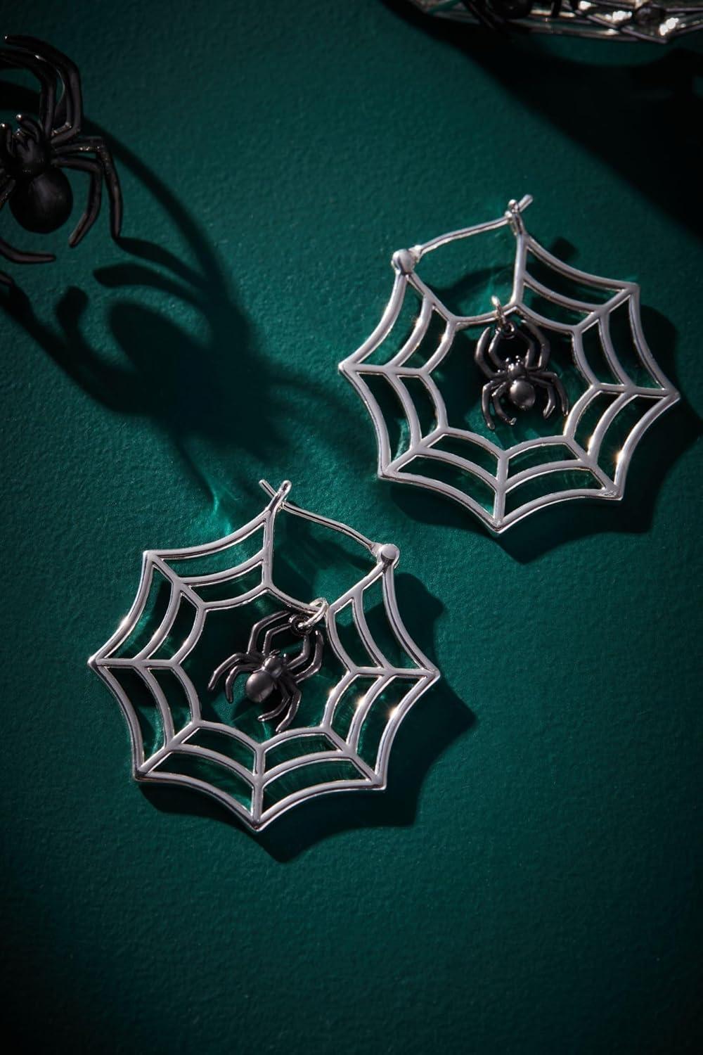 imageAlex and Ani Glow in the Dark Earrings for Women Spider Web Hoop Design Halloween Jewelry Spooky Light Up Fun Earrings Captivating Black Spider Focal Point