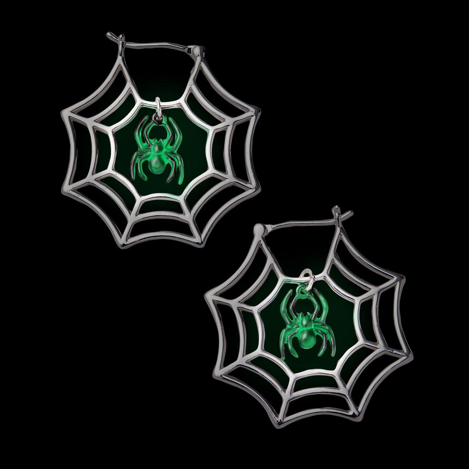 imageAlex and Ani Glow in the Dark Earrings for Women Spider Web Hoop Design Halloween Jewelry Spooky Light Up Fun Earrings Captivating Black Spider Focal Point