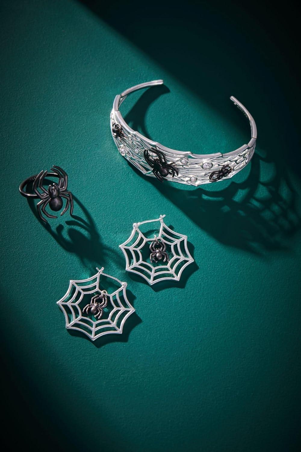 imageAlex and Ani Glow in the Dark Earrings for Women Spider Web Hoop Design Halloween Jewelry Spooky Light Up Fun Earrings Captivating Black Spider Focal Point