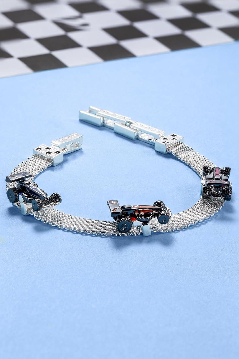 imageAlex and Ani Hot Wheels Bracelets Moveable Enamel Charms Checkered Flag Motif Adjustable Stackable Designs Ideal Gift for WomenMoveable Racecar Mesh Bracelet