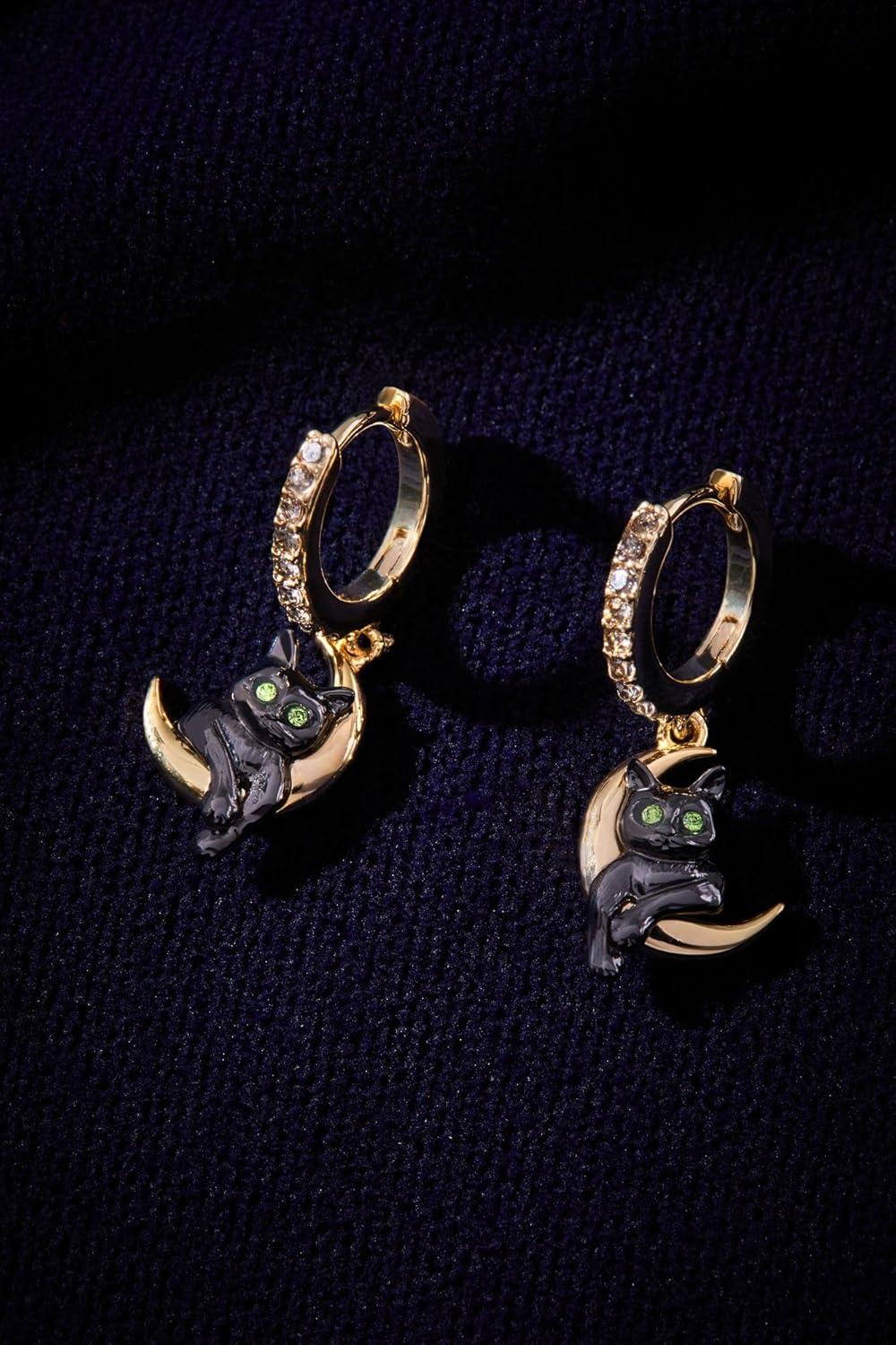 imageAlex and Ani Celestial Cat Huggie Earring Whimsical Jewelry for Women Black Cat Charm on Golden Crescent Moon TwoTone NickleFree Ideal gift for Women