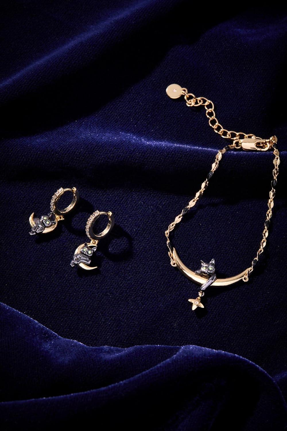 imageAlex and Ani Celestial Cat Huggie Earring Whimsical Jewelry for Women Black Cat Charm on Golden Crescent Moon TwoTone NickleFree Ideal gift for Women